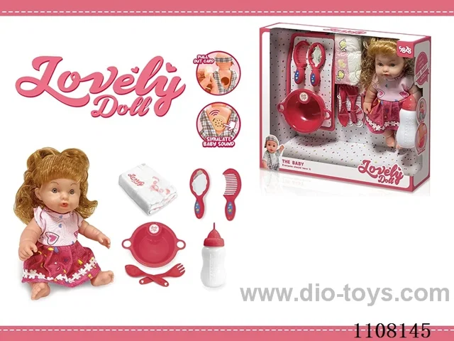 Full vinyl 12 inch girl doll set 【 Drink water pee baby bottle dinner plate fork spoon diaper comb mirror IC 】