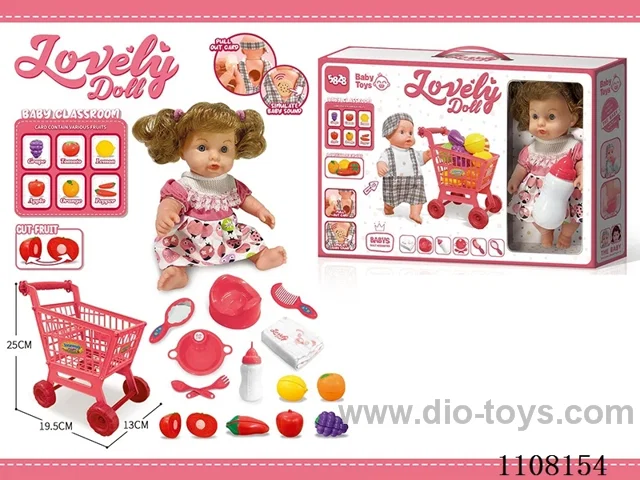 Full vinyl 12 inch girl doll set 【 Shopping cart Drink water pee baby bottle toilet seat dinner plate fork spoon diaper comb mirror 6 Chechelle fruit 6 cards teaching IC 】