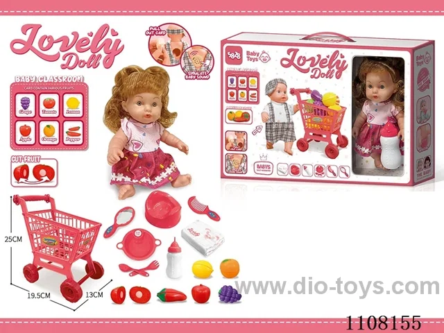 Full vinyl 12 inch girl doll set 【 Shopping cart Drink water pee baby bottle toilet seat dinner plate fork spoon diaper comb mirror 6 Chechelle fruit 6 cards teaching IC 】