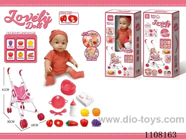 Full vinyl 12 inch boy doll set [Trolley drink water pee bottle toilet seat dinner plate fork spoon diaper 6 Cheserle fruit 6 cards teaching IC]