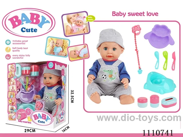 16 "live eye water pee vinyl doll with 10 sound IC package (sheep plate + knife + fork + soup spoon + pacifier + milk chain + dinosaur toilet + storage bottle 3 sets)