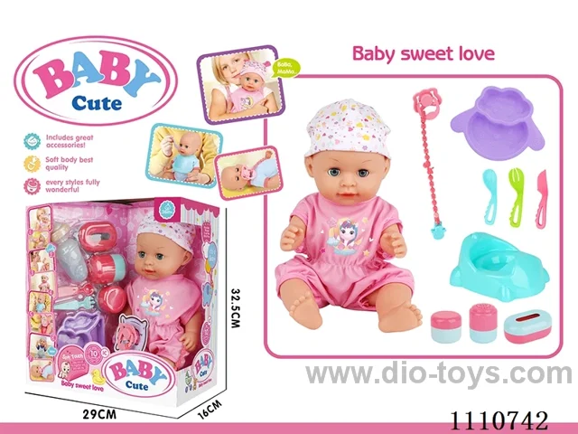 16 "live eye water pee vinyl doll with 10 sound IC package (sheep plate + knife + fork + soup spoon + pacifier + milk chain + dinosaur toilet + storage bottle 3 sets)