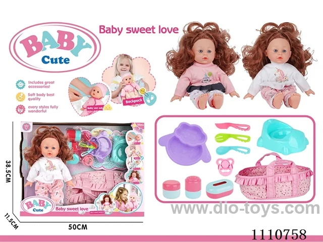 12-inch vinyl cotton body girl doll without IC (Sheep plate + fork + knife + spoon + pacifier + storage bottle 3-piece set + dinosaur toilet + portable doll sleeping basket)