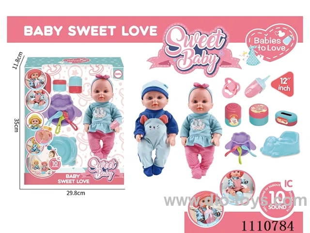 12 inch water pee doll vinyl hand vinyl head 10 sound IC package (Sheep plate + knife + fork + spoon + pacifier + dinosaur toilet + storage bottle 3 sets)