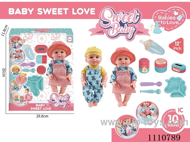 12 inch water pee doll vinyl hand vinyl head 10 sound IC package (Unicorn plate + knife + fork + pacifier + open bottle + storage bottle 3 sets)