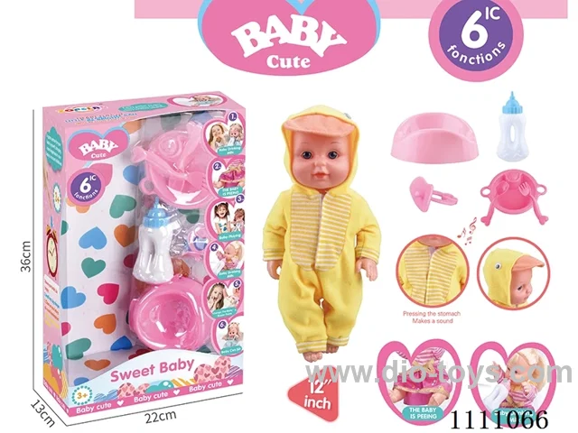 12-inch Yellow Duck Water pee Doll set (doll + bottle + plate + fork + spoon + basin + pacifier) with 6-tone IC(electric included)