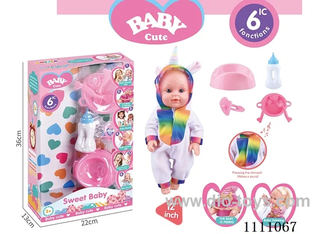 12-inch Unicorn Water pee Doll set (doll + bottle + plate + fork + spoon + basin + pacifier) with 6-tone IC(electric included)