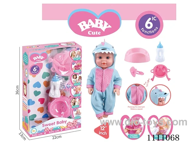 12-inch dinosaur Water pee doll set (doll + bottle + plate + fork + spoon + basin + pacifier) with 6-tone IC(electric included)