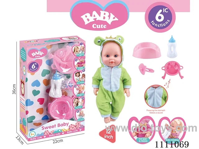 12-inch frog Water pee doll set (doll + bottle + plate + fork + spoon + basin + pacifier) with 6-tone IC(electric included)