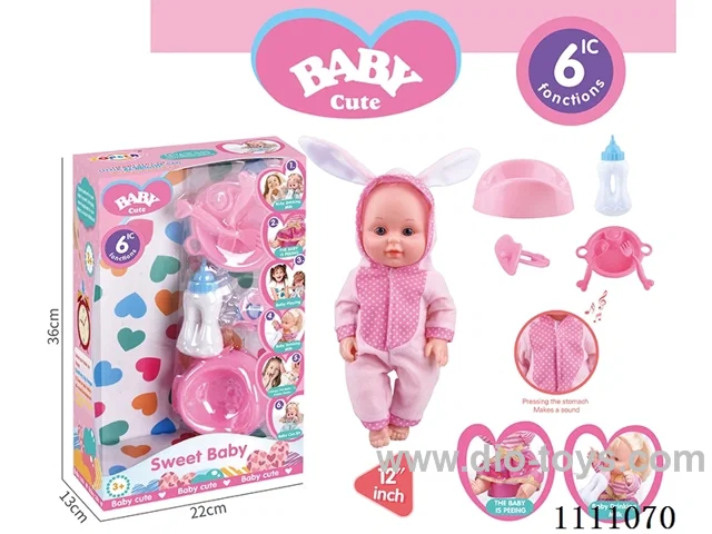 12-inch Pink Rabbit Water pee doll set (doll + bottle + plate + fork + spoon + basin + pacifier) with 6-tone IC(electric included)