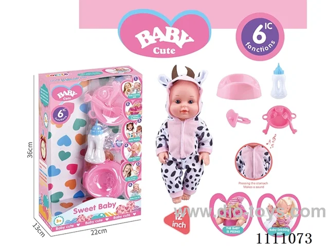 12-inch milk cow water pee doll set (doll + bottle + plate + fork + spoon + pot + pacifier) with 6-tone IC(electric included)