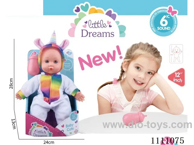 12 "Unicorn cotton body doll IC6 sound + baby bottle (head, hands and feet, rubber body)