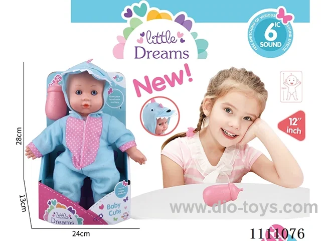 12 "dinosaur cotton body doll IC6 sound + baby bottle (head, hands and feet, rubber body)
