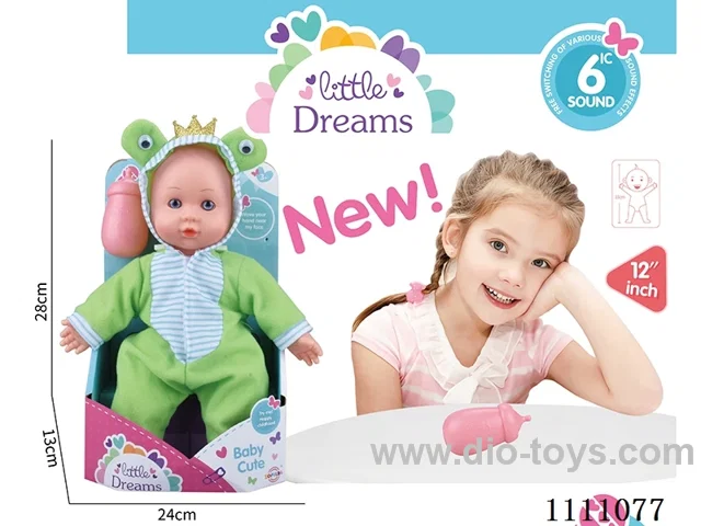 12 "Frog cotton body doll IC6 sound + baby bottle (head, hands and feet, rubber body)