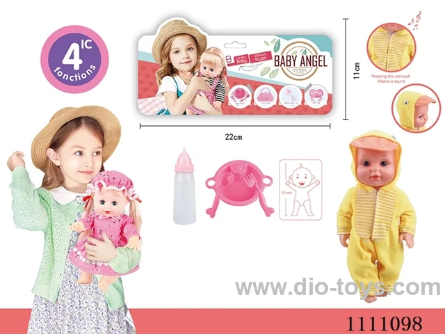 12 inch Yellow duck theme doll dinner plate + spoon + fork + baby bottle 4 sound IC package