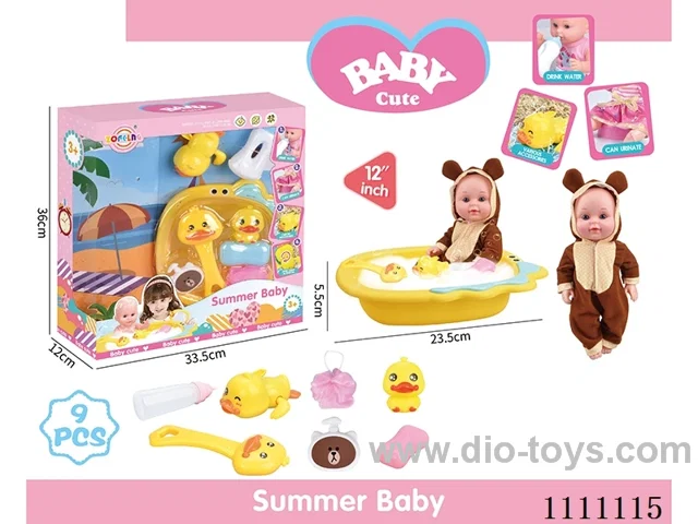 12 "Brown Bear Bath doll set (doll + bath tub + soap + bath brush + Yellow duck + bath ball + shower gel bottle + baby bottle + Yellow Duck on chain) without IC