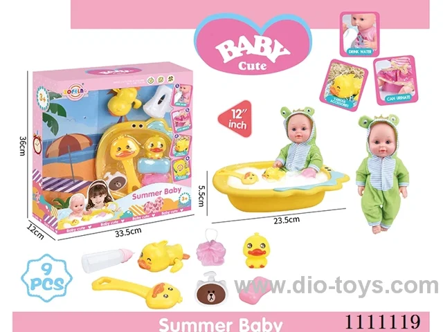 12 "frog doll set (doll + bath tub + soap + bath brush + Yellow duck + bath ball + shower gel bottle + baby bottle + Yellow Duck on chain) without IC