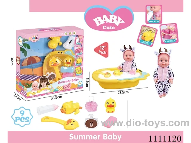 12-inch cow Bath doll set (doll + bath tub + soap + bath brush + Yellow duck + bath ball + shower gel bottle + baby bottle + Yellow Duck on chain) without IC
