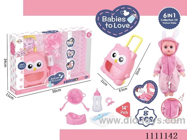 14 "pink rabbit water doll set IC6 sound + trolley box + dinner plate + soup spoon + diaper + bottle + pacifier + urinal basin