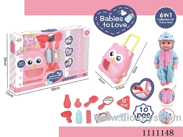 12 inch dinosaur water doll set IC6 sound + trolley box + blower + mirror + comb + baby bottle + tissue box + diaper + bottle 2 + hairpins