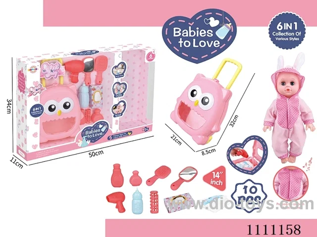 14 inch Pink rabbit water doll set IC6 sound + trolley box + blower + mirror + comb + bottle + tissue box + diaper + bottle 2 + hairpins