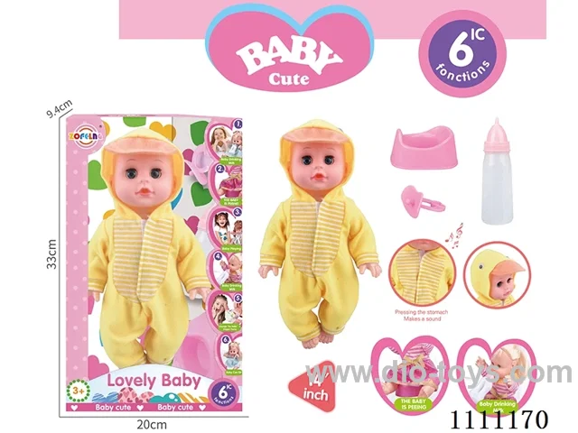 14 inch Yellow duck theme doll IC6 sound + bottle + pacifier + urine basin (body hands and feet blow molding) drink water to pee