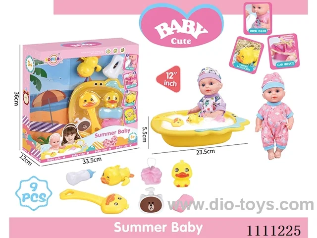 12 "bathtub doll set (doll + bathtub + soap + bath brush + Yellow duck + bath ball + shower gel bottle + baby bottle + Yellow Duck on chain) without IC