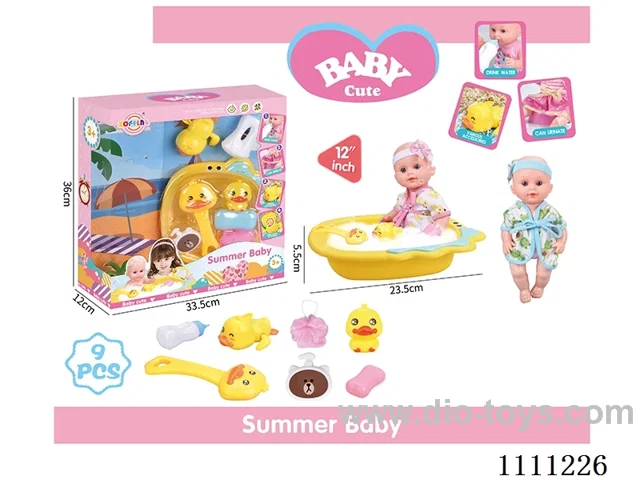 12 "bathtub doll set (doll + bathtub + soap + bath brush + Yellow duck + bath ball + shower gel bottle + baby bottle + Yellow Duck on chain) without IC