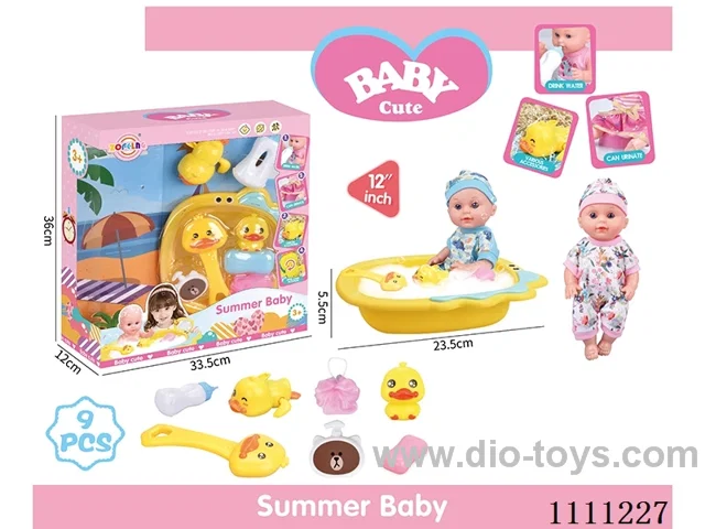 12 "bathtub doll set (doll + bathtub + soap + bath brush + Yellow duck + bath ball + shower gel bottle + baby bottle + Yellow Duck on chain) without IC