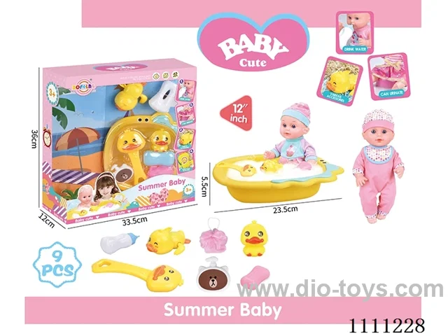 12 "bathtub doll set (doll + bathtub + soap + bath brush + Yellow duck + bath ball + shower gel bottle + baby bottle + Yellow Duck on chain) without IC