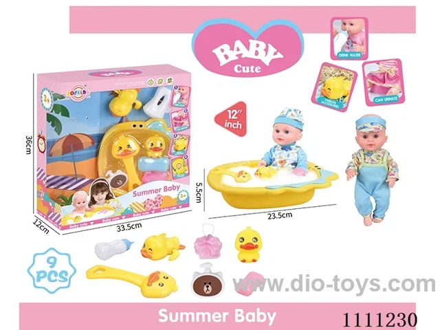 12 "bathtub doll set (doll + bathtub + soap + bath brush + Yellow duck + bath ball + shower gel bottle + baby bottle + Yellow Duck on chain) without IC