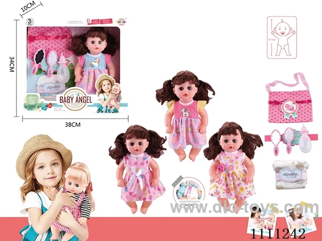 14 "4 tone empty doll comb mirror + bottle + diaper + handbag