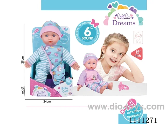 High-end 12 inch cotton body doll IC6 sound + pacifier (head and hands and feet vinyl)