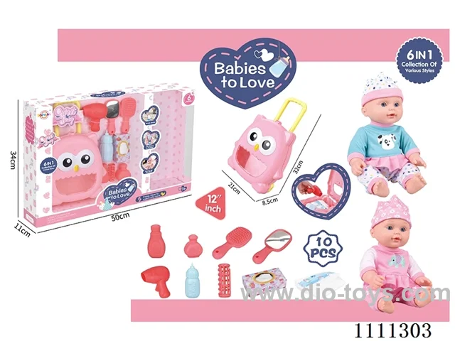 12 inch water doll set IC6 sound + trolley box + blower + mirror + comb + baby bottle + tissue box + diaper + bottle 2 + hairpins
