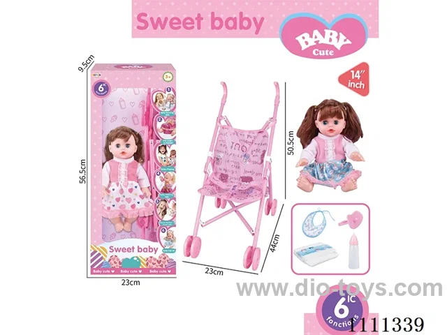 14-inch brunette girl doll 6-tone IC with 55cm plastic cart + pacifier + bottle + diaper + saliva towel