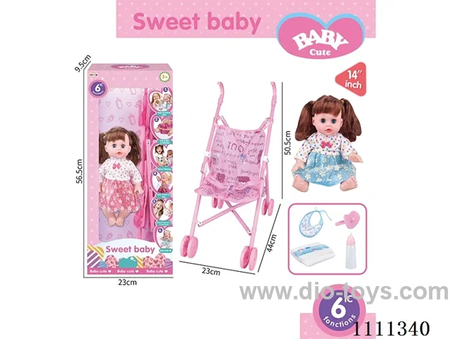 14-inch brunette girl doll 6-tone IC with 55cm plastic cart + pacifier + bottle + diaper + saliva towel