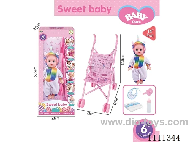 14-inch Unicorn doll 6-sound IC with 55cm plastic cart + pacifier + bottle + diaper + drool towel