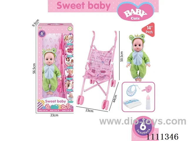 14-inch frog doll 6-sound IC with 55cm plastic cart + pacifier + bottle + diaper + saliva towel