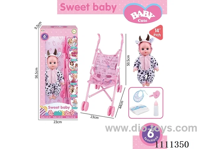 14-inch cow doll 6-sound IC with 55cm plastic cart + pacifier + bottle + diaper + saliva towel