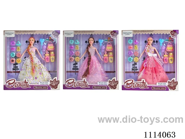 11.5 "30 cm 5 Jointed Solid Body Color Print Eyes Long Hair Barbie Doll + Accessories (3 mixed)