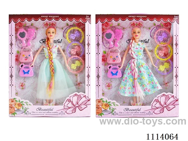 11.5 "30 cm 5 Jointed Solid Body Color Print Eyes Long Hair Barbie Doll + Accessories (2 mixed)