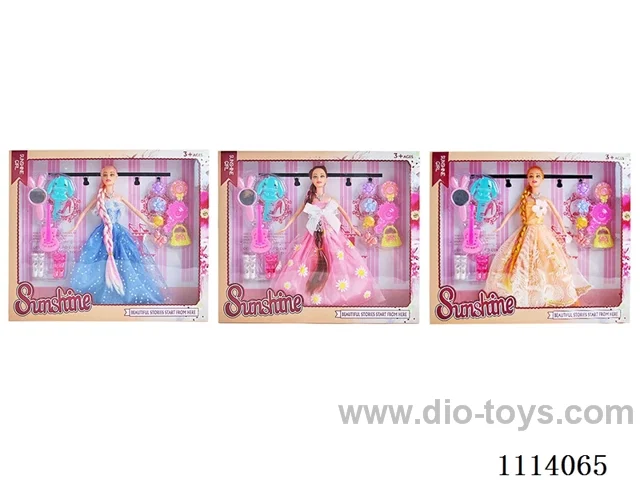 11.5 "30 cm 5 knuckle Solid Body Color Print Eyes Long Hair Barbie + Shoes + Mirror comb + accessories (3 mixed)