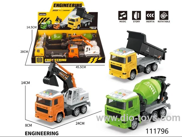 3 style friction engineering truck with light/music，include 3*AG13（6pcs/box）