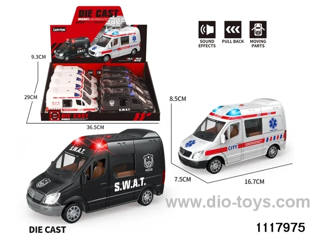 8pcs 1:32 pull back alloy ambulance with light/music，2 colors，include 3*AG13