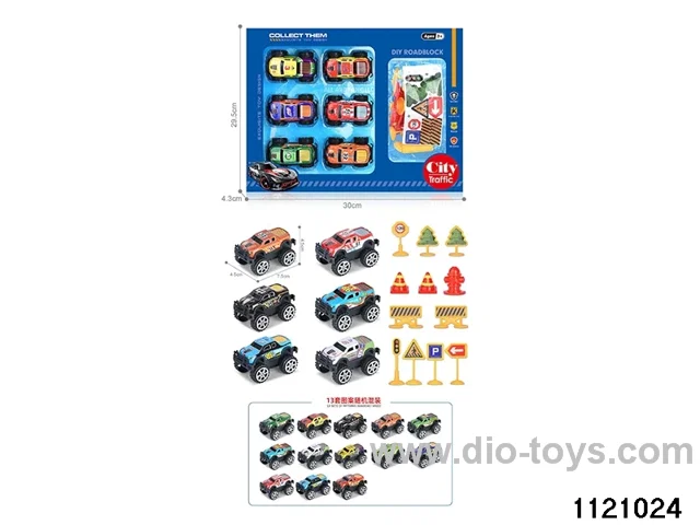 1:64 pull back alloy car (6pcs + 12PCS road signs)