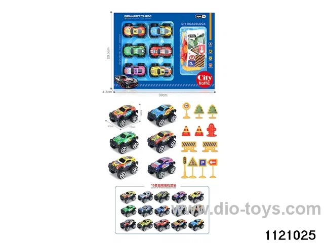 1:64 pull back alloy car (6pcs + 12PCS road signs)