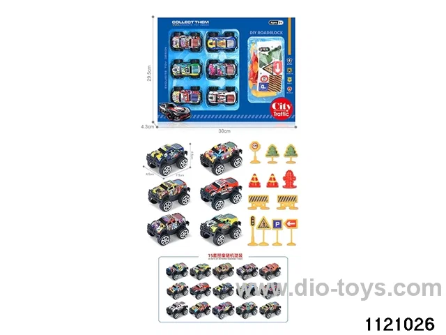1:64 pull back alloy car (6pcs + 12PCS road signs)