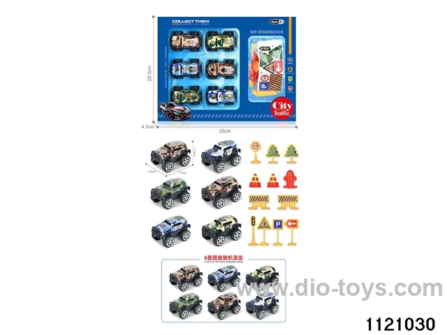 1:64 pull back alloy car (6pcs + 12PCS road signs)