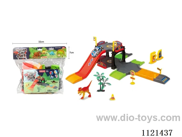Dinosaur track parking Park 1 metal pull-back car 1 Dinosaur 2 coconut trees