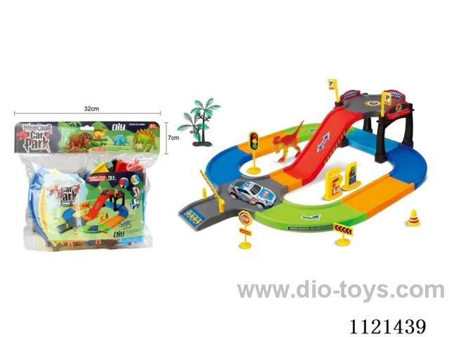 Dinosaur track parking Park 1 metal pull-back car 1 Dinosaur 2 coconut trees